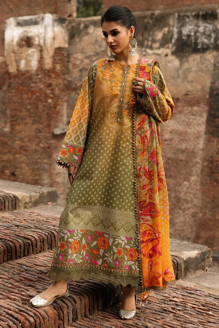 Digital printed lawn suit 3-piece set with matching dupatta by Shaa Posh, featuring vibrant floral patterns and intricate design.