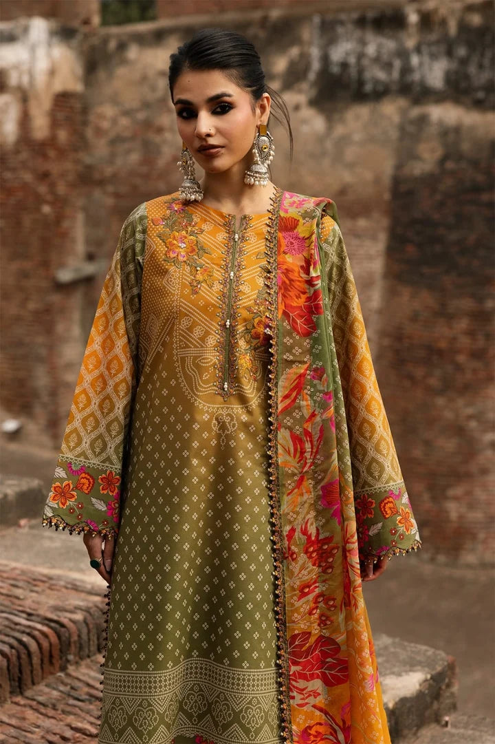 Digital printed lawn suit 3-piece set with dupatta by Shaa Posh, featuring colorful floral patterns and intricate design details.
