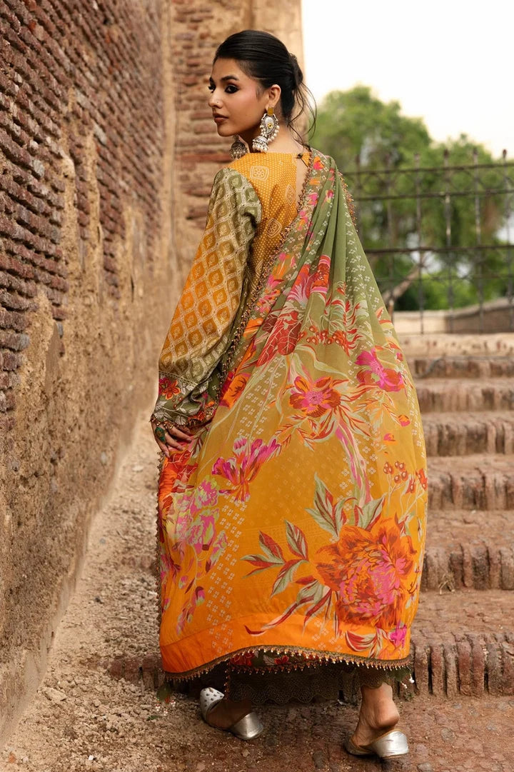 Digital printed lawn suit 3-piece with dupatta by Shaa Posh, featuring vibrant floral patterns and intricate design details.