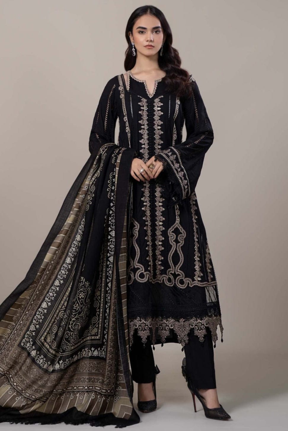 SP-49 Unstitched Embroidered Dhanak Suit With Embroidered Dhanak Shawl - Shaa Posh