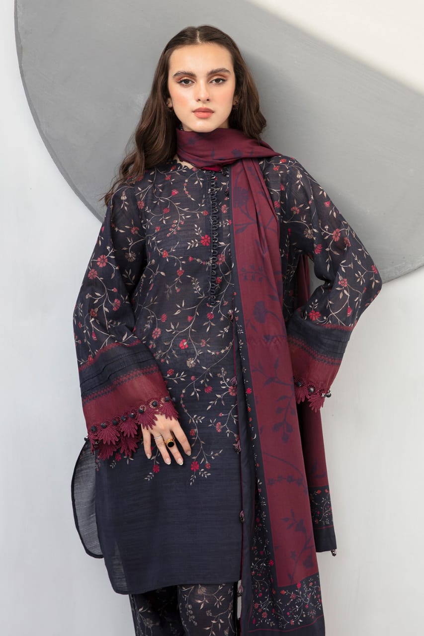SP-BQ406 Digital Printed Khaddar 3Pc Suit With Digital Printed Khaddar Dupatta - Shaa Posh