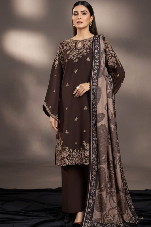 SP-BQ140 Dhanak Embroidered Suit With Digital Printed Wool Shawl - Shaa Posh