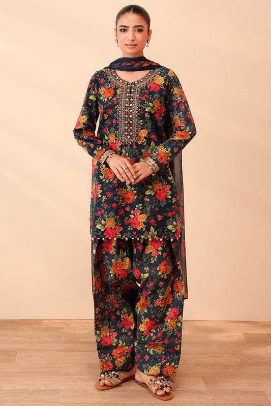 SP-BQ40 Digital Printed Khaddar Suit 3pc with Khaddar Digital Printed Dupatta & Embroidered Patches - Shaa Posh