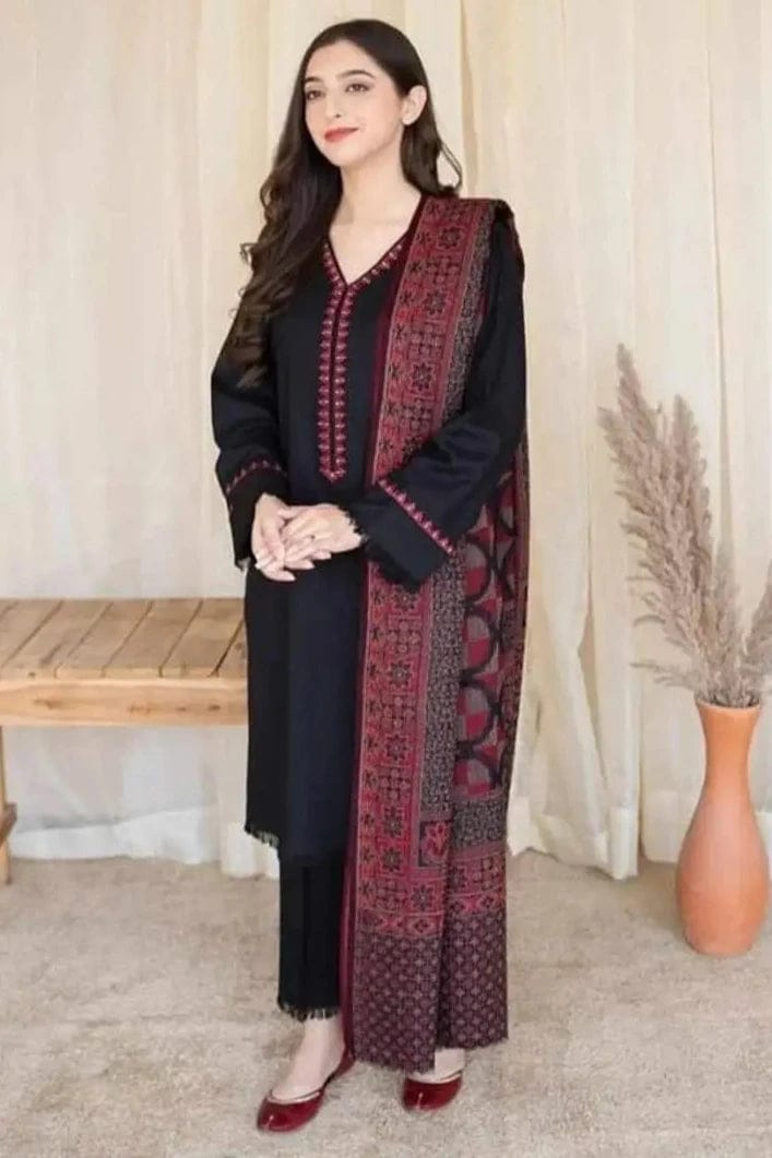 SP-BC835 3Pc Unstitched Dhanak Suit with Printed Woolen Shawl - Shaa Posh