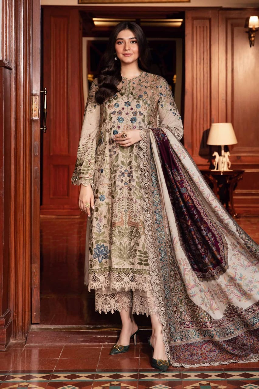 SP-MB555 Dhanak Embroidered Suit With Digital Printed Woolen Shawl - Shaa Posh