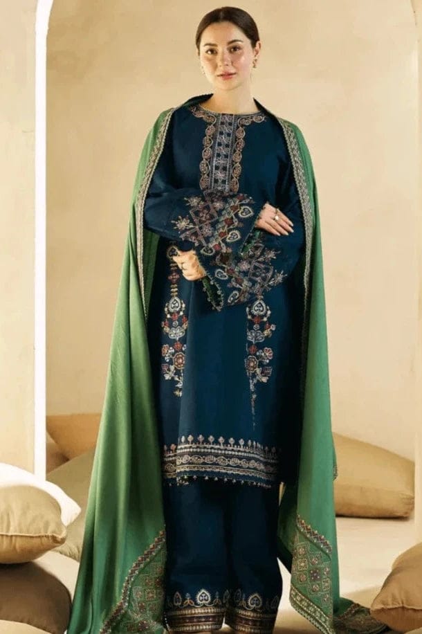 SP-840 Embroidered 3Pc Dhanak Suit With Dhanak Embroidered Dupatta - Shaa Posh