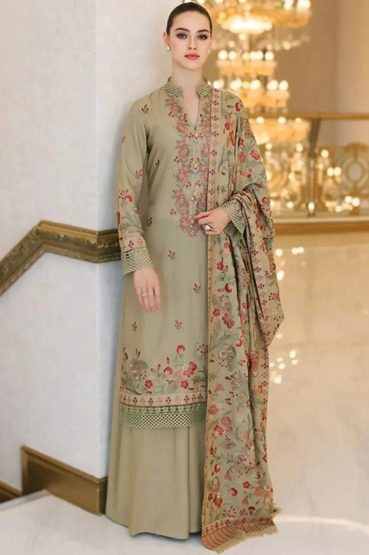 SP-955 Unstitched Embroidered Dhanak Wool Suit With Embroidered Dhanak Shawl - Shaa Posh