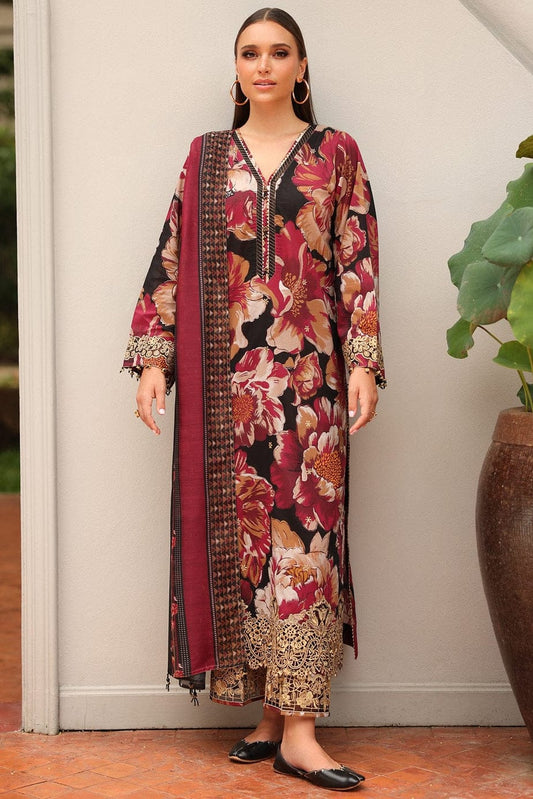 SP-BQ38 Digital Printed Khaddar Suit 3pc with Khaddar Digital Printed Dupatta & Embroidered Patches - Shaa Posh