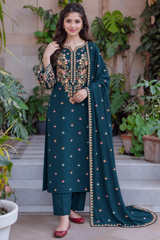 SP-D2900 HIGHLY RECOMMENDED (8.2 Meters) Unstitched Fully Embroidered Dhanak Suit With Embroidered Dhanak Shawl