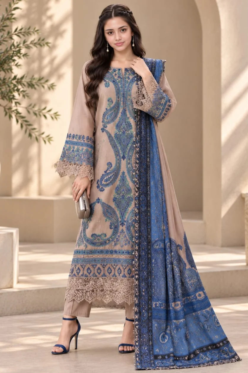SP-MB3050 Unstitched Fully Embroidered Dhanak Suit With Digital Printed Wool Shawl