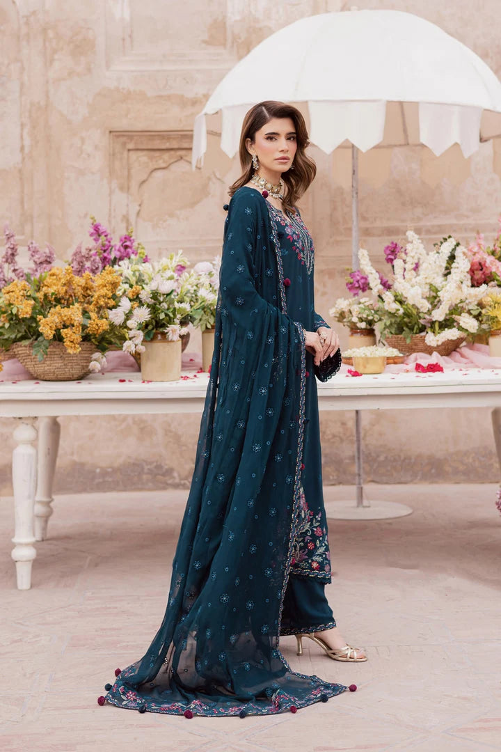 Unstitched 3-piece lawn suit by Shaa Posh featuring embroidered fabric, Bamber chiffon dupatta, ideal for traditional wear.