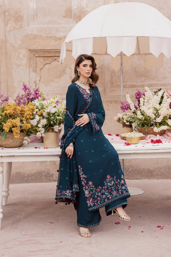 Unstitched 3-piece lawn suit by Shaa Posh with embroidered design, featuring a fully embroidered dupatta and bamber chiffon fabric.