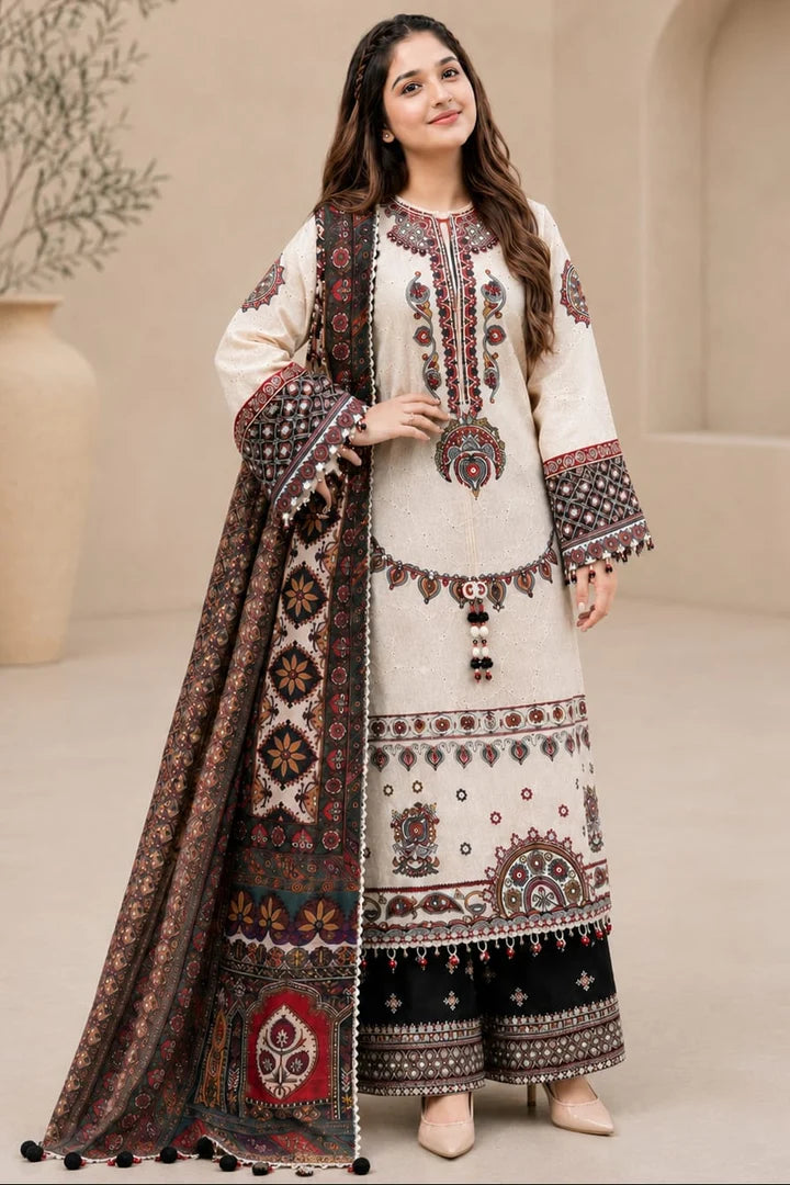 SP-JZ2800(D) Dhanak Unstitched Fully Sequence Embroidered 3pc Suit With Digital Printed Wool Shawl