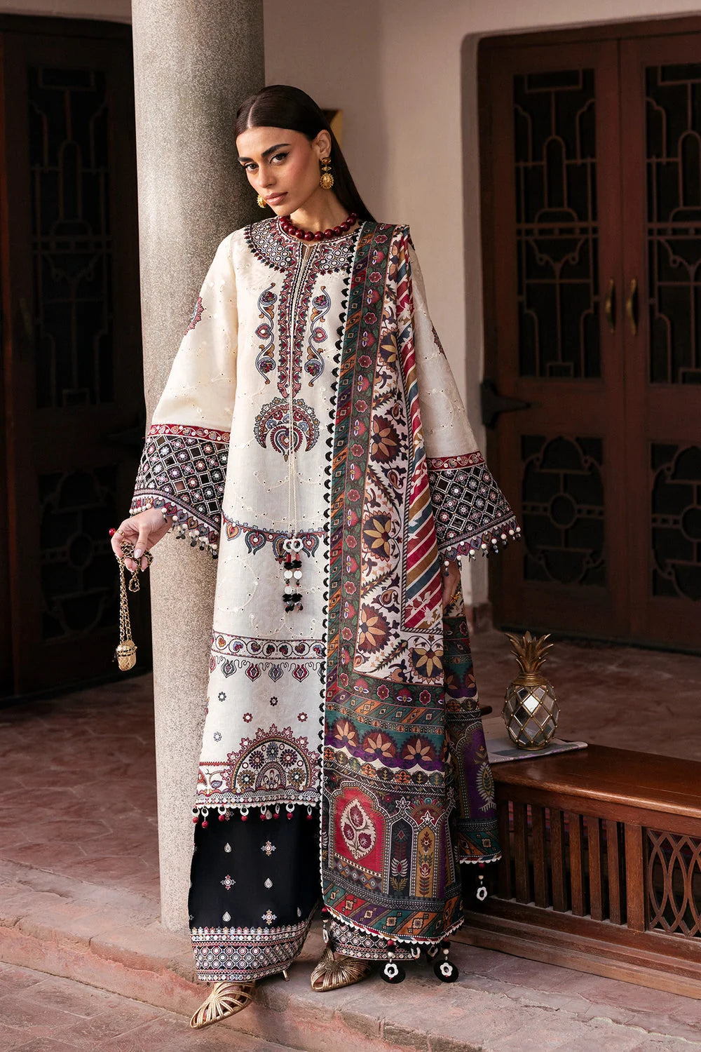 SP-JZ2800(D) Dhanak Unstitched Fully Sequence Embroidered 3pc Suit With Digital Printed Wool Shawl