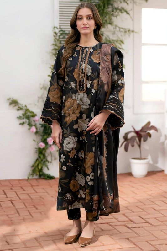 SP-BQ02 Digital Printed Khaddar Suit 3pc with Khaddar Digital Printed Dupatta & Embroidered Patches - Shaa Posh