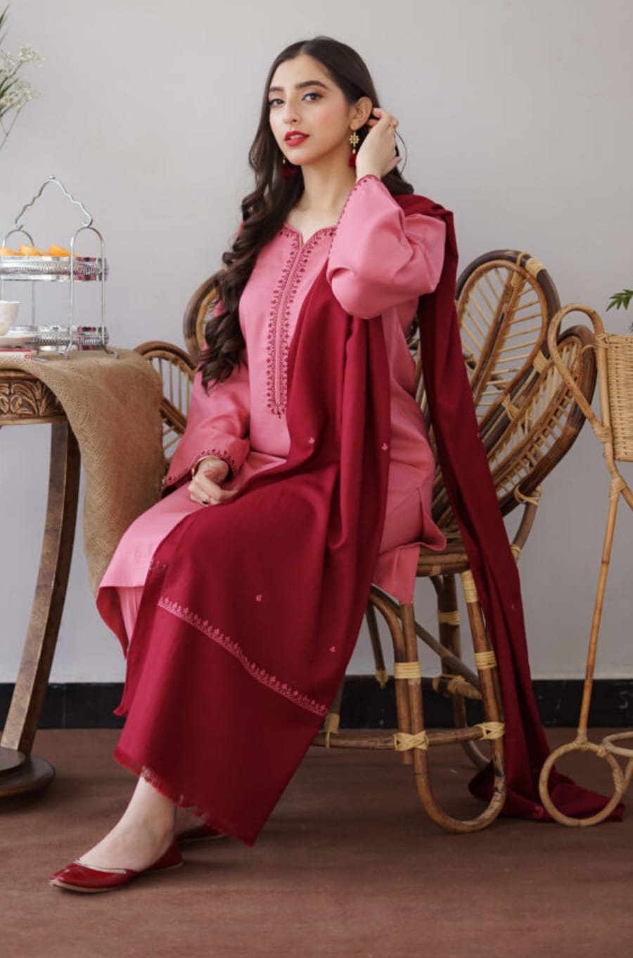 SP-AS15 Unstitched Fully Embroidered Dhanak Suit With Dhanak Shawl - Shaa Posh