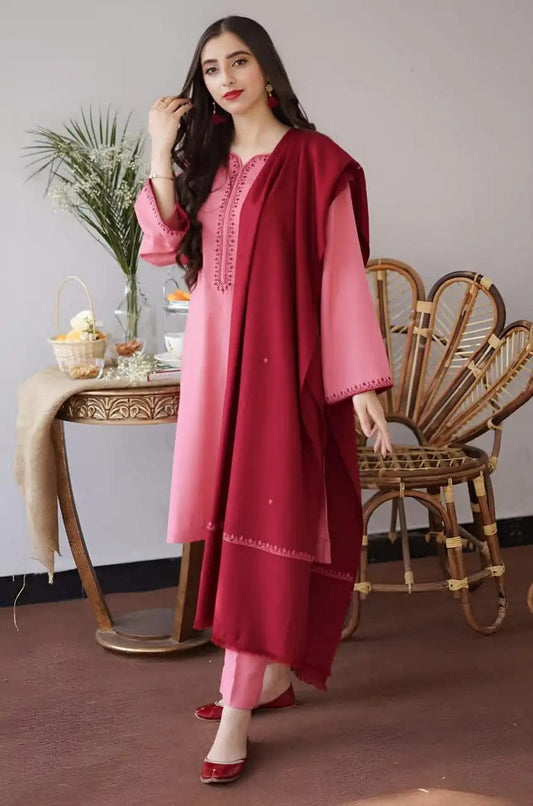 SP-AS15 Unstitched Fully Embroidered Dhanak Suit With Dhanak Shawl - Shaa Posh
