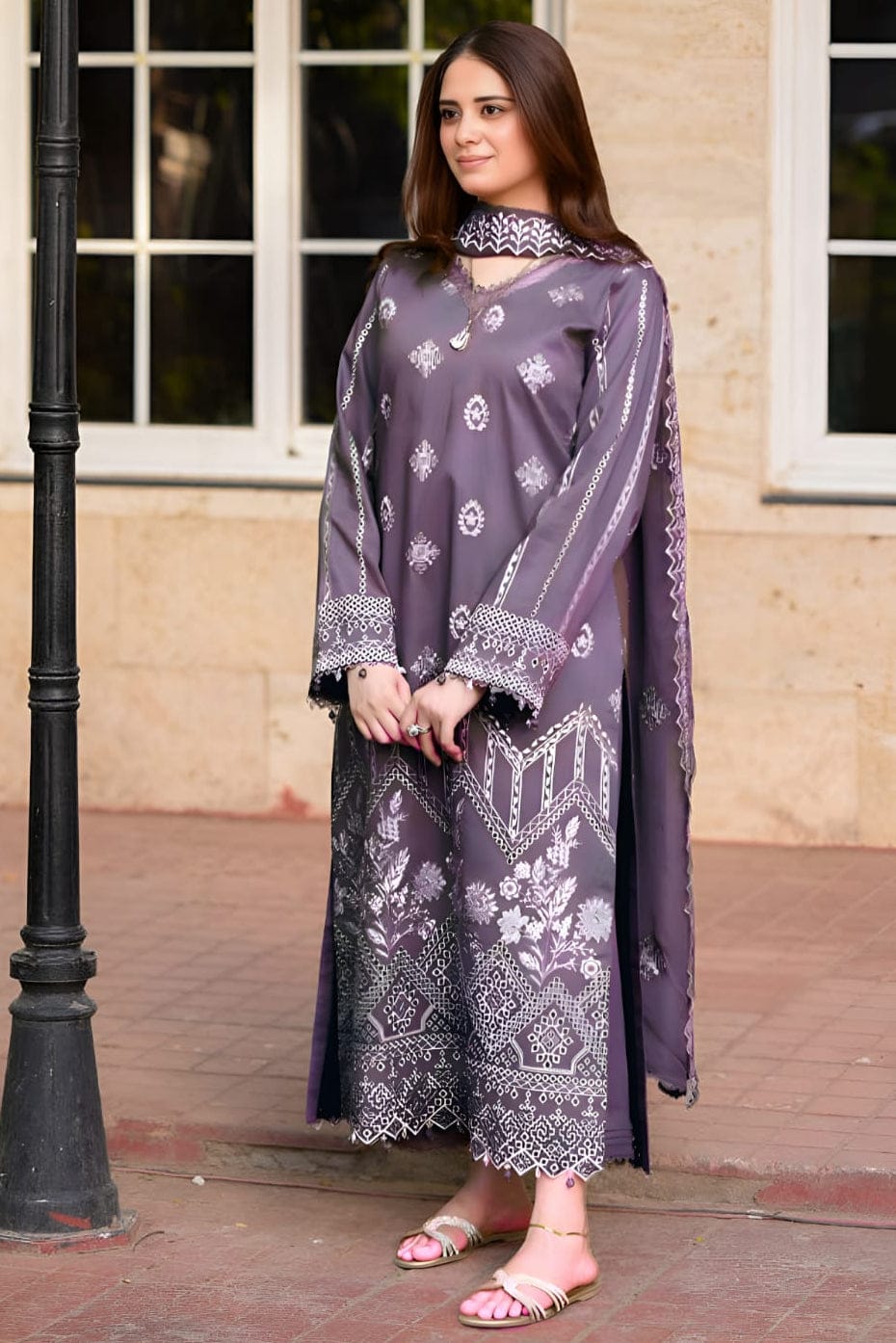 SP-NS915 Unstitched Fully Embroidered Dhanak Suit With Embroidered Dhanak Shawl - Shaa Posh