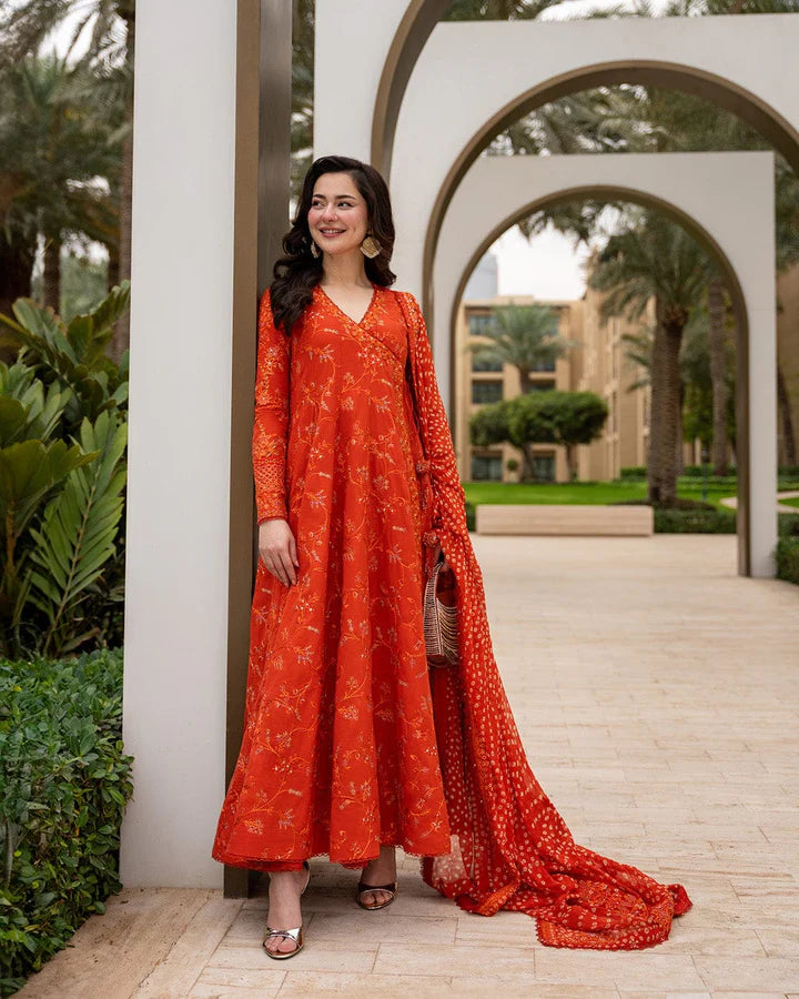 Shaa Posh SP-FS1005 unstitched lawn frock 3-piece suit with embroidered details and printed cotton lawn dupatta.