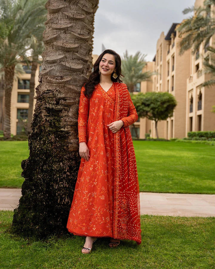 Fully embroidered 3-piece lawn suit by Shaa Posh featuring a printed and embroidered dupatta and a stylish unstitched frock.