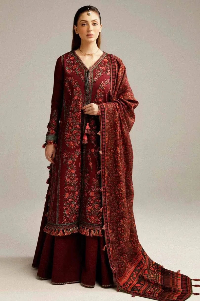 SP-730 Dhanak Embroidered Suit With Digital Printed Wool Shawl - Shaa Posh