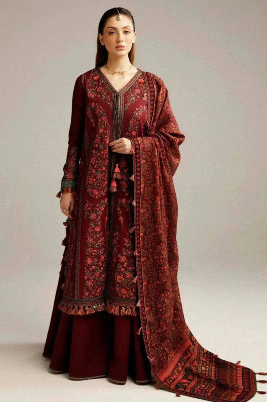 SP-730 Dhanak Embroidered Suit With Digital Printed Wool Shawl - Shaa Posh
