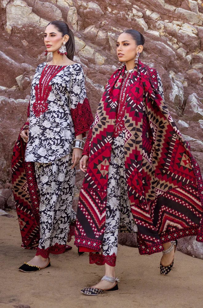 SP-MB34 Khaddar 3pc Digital Printed Suit With Digital Printed Khaddar Dupatta & Embroidered Patches - Shaa Posh
