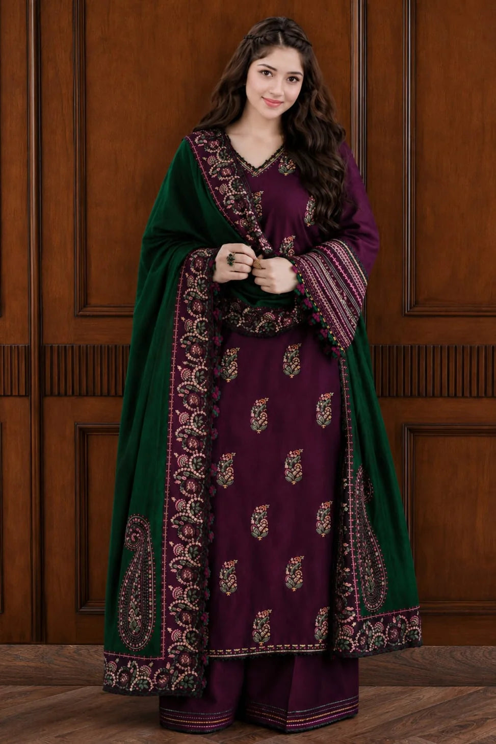 SP-92 Unstitched Fully Embroidered Dhanak Suit With 4 Sided Embroidered Dhanak Shawl