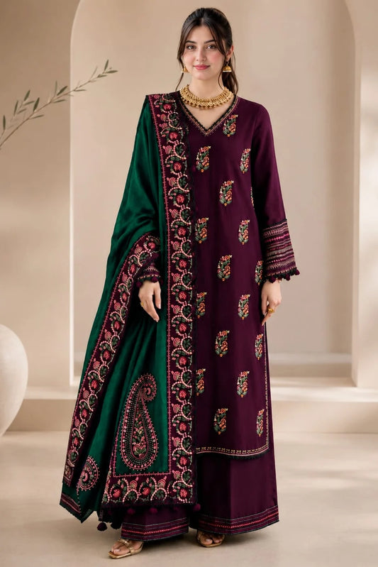 SP-92 Unstitched Fully Embroidered Dhanak Suit With 4 Sided Embroidered Dhanak Shawl