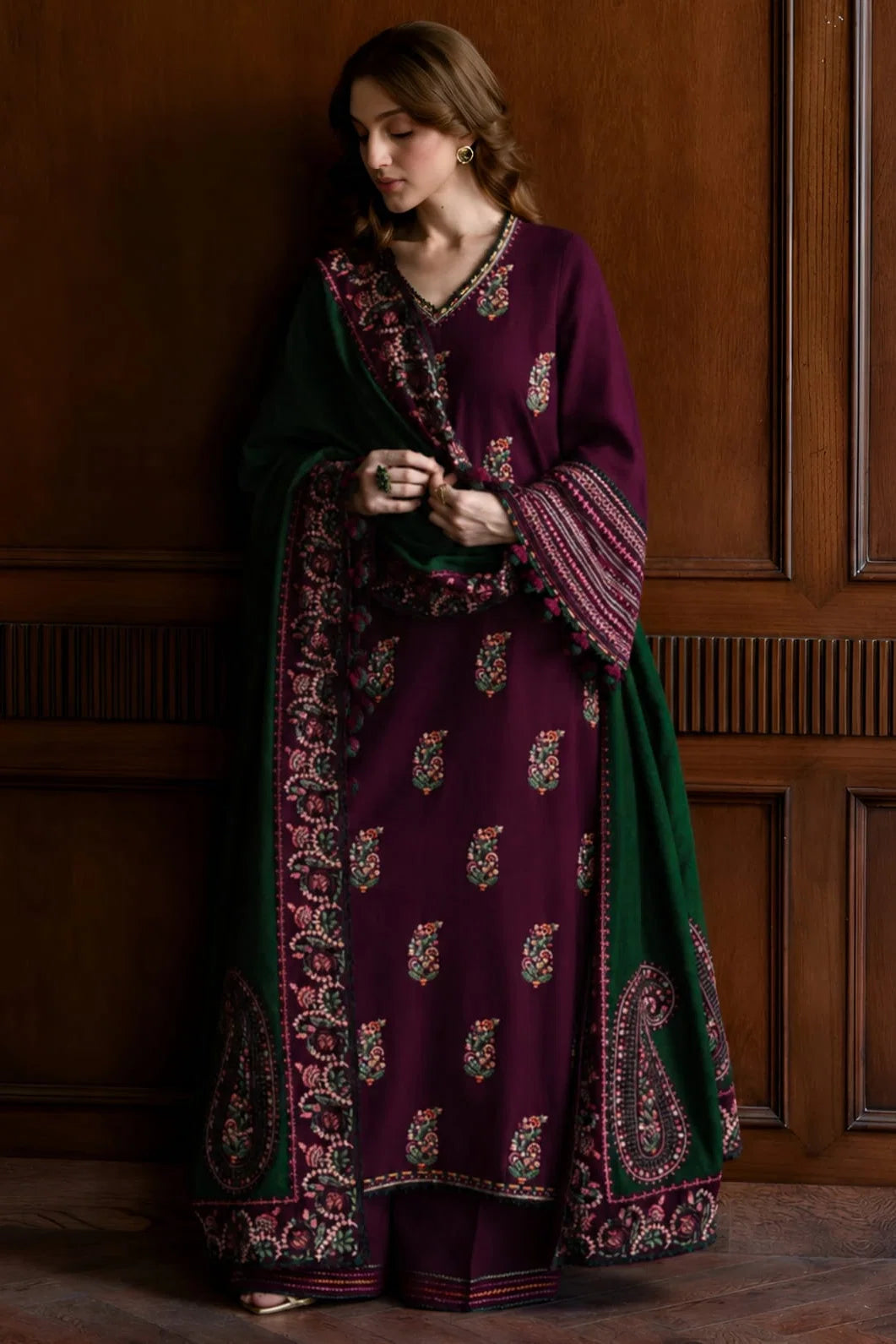 SP-92 Unstitched Fully Embroidered Dhanak Suit With 4 Sided Embroidered Dhanak Shawl