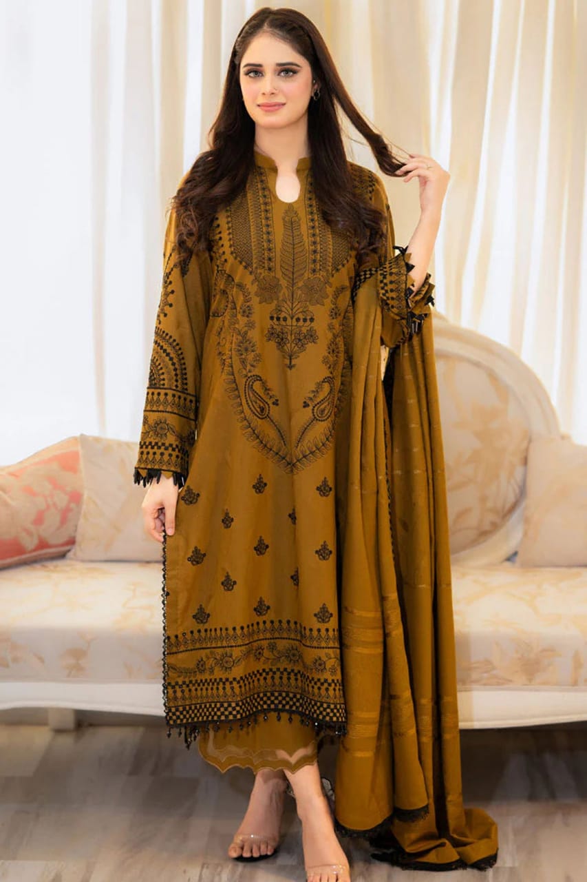 SP-MB100 Unstitched Fully Embroidered Dhanak Suit With Embroidered Dhanak Shawl - Shaa Posh