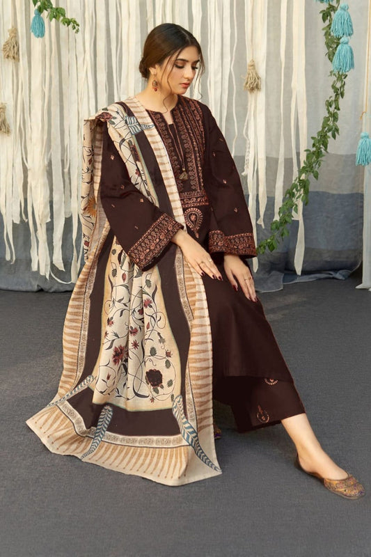 SP-845(B) Dhanak Embroidered Suit With Digital Printed Wool Shawl - Shaa Posh