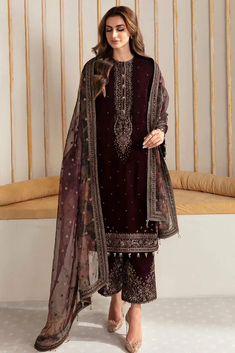SP-1015 Sequence Embroidered 9000 Micro Velvet 3Pc With Organza Embroidered Dupatta - Shaa Posh