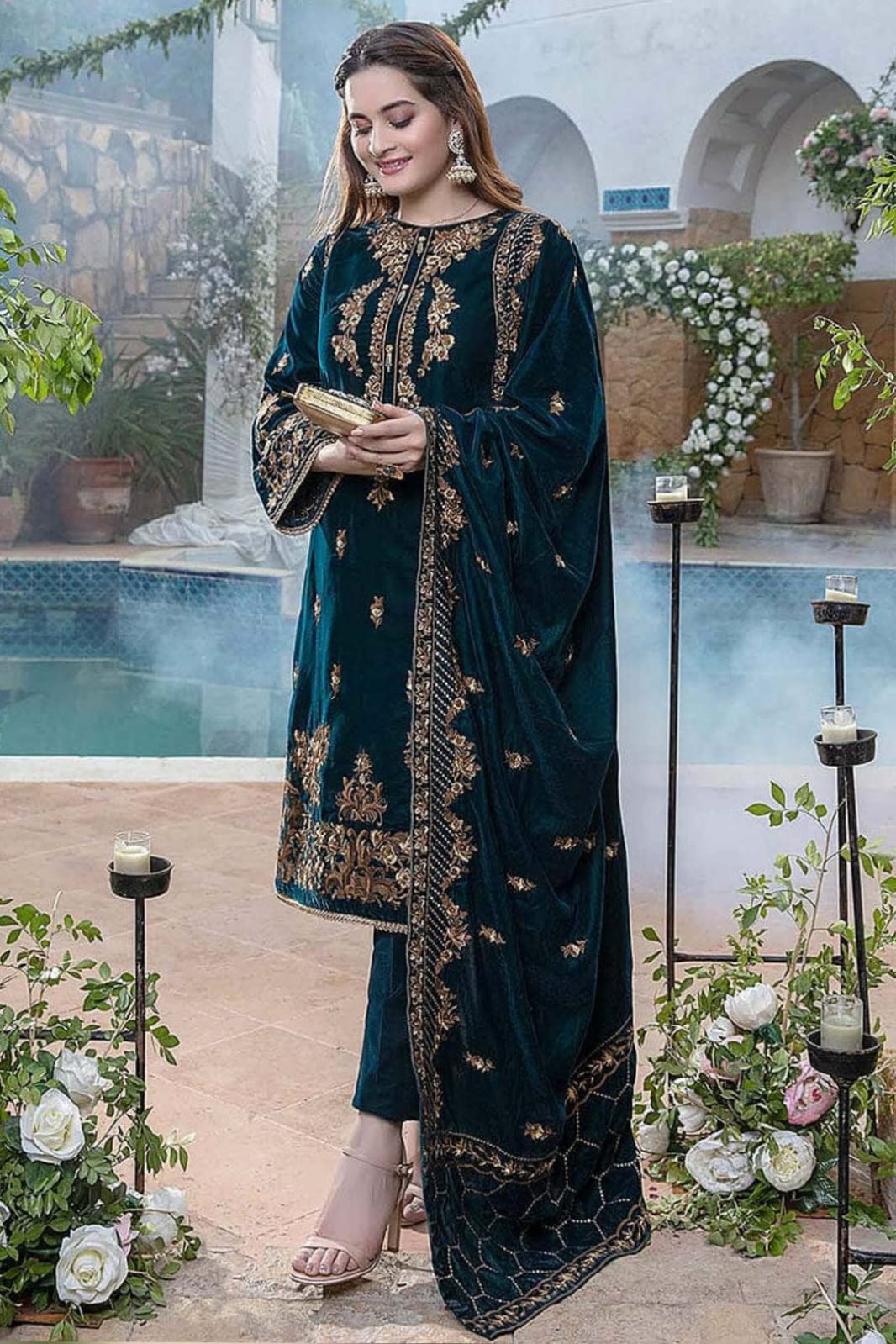 SP-1060 Sequence Embroidered Micro 9000 Gram Velvet 3Pc With Velvet Embroidered Shawl - Shaa Posh