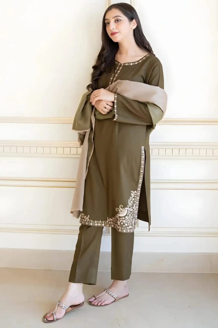 SP-AS10 Unstitched Embroidered Dhanak Suit With Dyed Dhanak Shawl - Shaa Posh