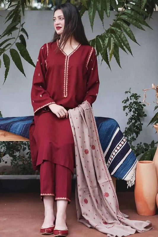 SP-BR1110 Unstitched Heavy Embroidered Dhanak Suit Embroidered Dhanak Shawl - Shaa Posh