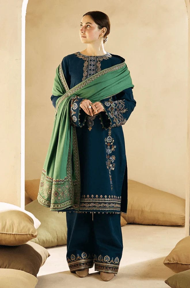 SP-840 Embroidered 3Pc Dhanak Suit With Dhanak Embroidered Dupatta - Shaa Posh