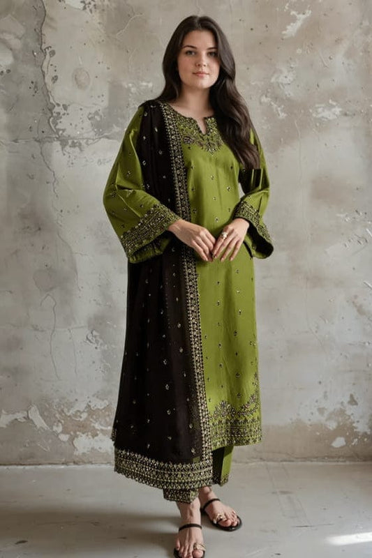 SP-89333 Lawn Embroidered 3pc Suit With Bamber Chiffon Embroidered Dupatta - Shaa Posh