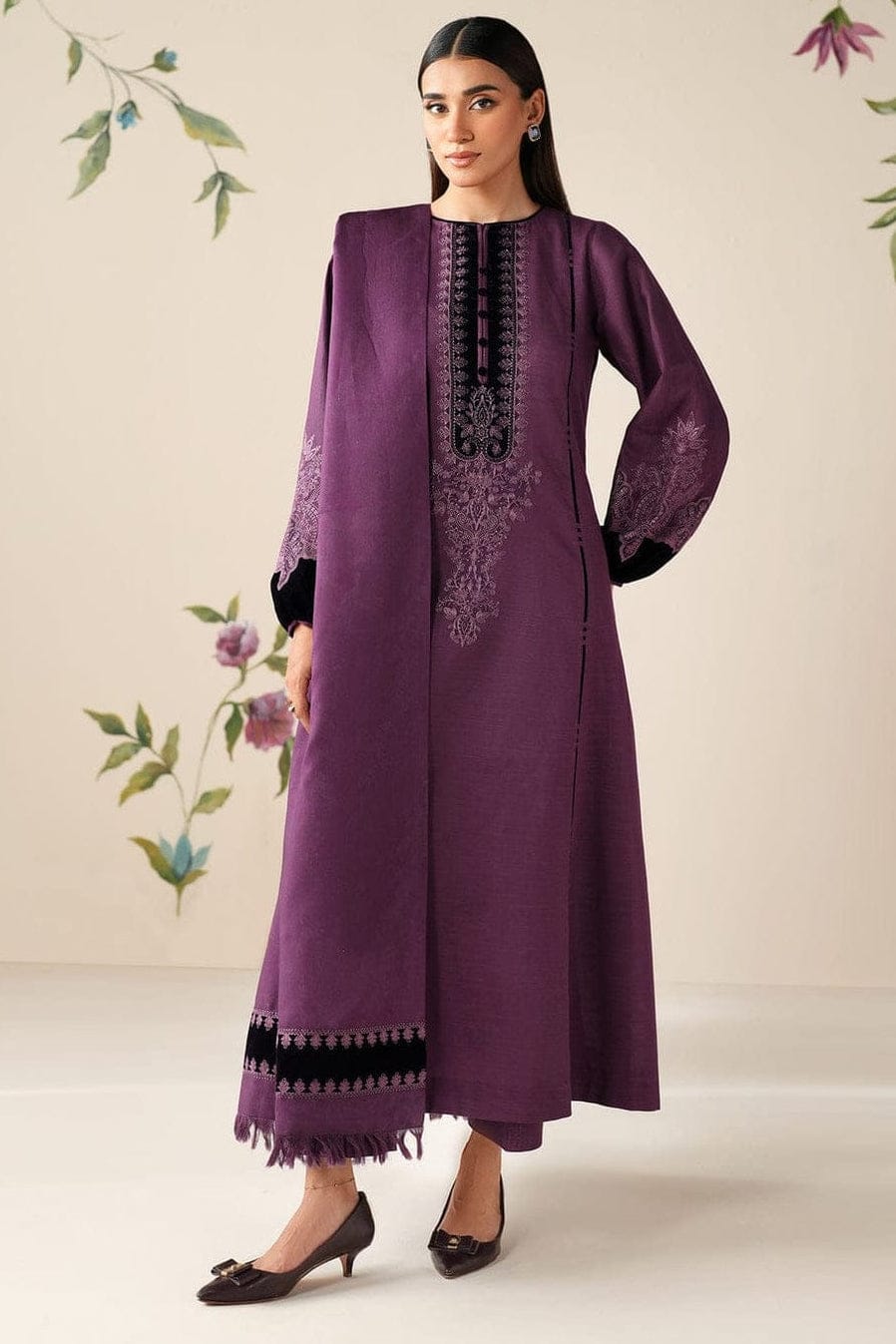 SP-64333 Black Velvet Aplic Embroidered Dhanak Suit With Embroidered Dhanak Shawl Velvet Aplic - Shaa Posh