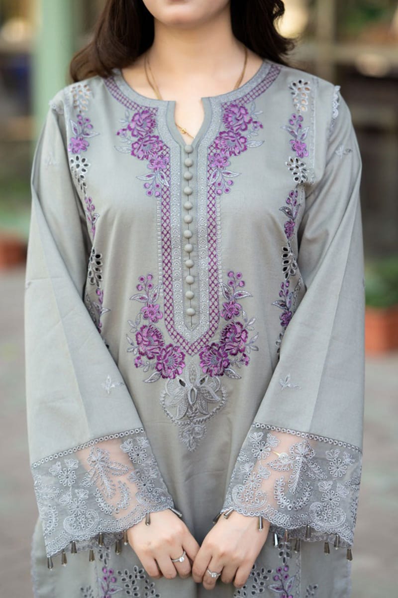 SP-842 Chikenkari Embroidered Lawn Suit 3pc With Embroidered Bamber Chiffon Dupatta - Shaa Posh