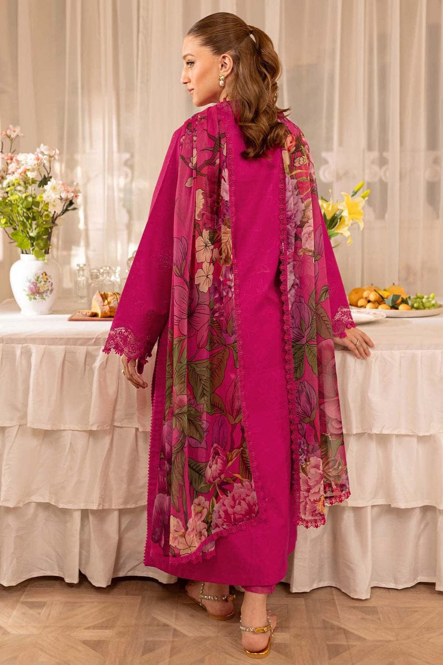 SP-FR2725 Lawn Unstitched Embroidered 3pc Suit With Digital Printed Cotton Lawn Dupatta - Shaa Posh