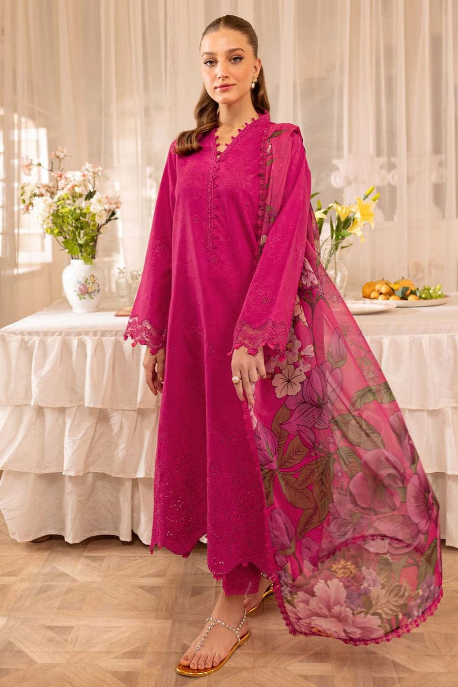 SP-FR2725 Lawn Unstitched Embroidered 3pc Suit With Digital Printed Cotton Lawn Dupatta - Shaa Posh