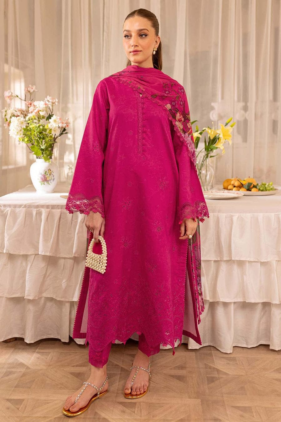 SP-FR2725 Lawn Unstitched Embroidered 3pc Suit With Digital Printed Cotton Lawn Dupatta - Shaa Posh