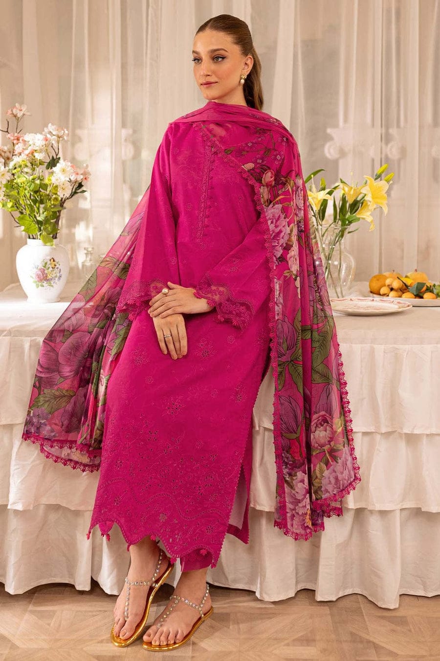 SP-FR2725 Lawn Unstitched Embroidered 3pc Suit With Digital Printed Cotton Lawn Dupatta - Shaa Posh