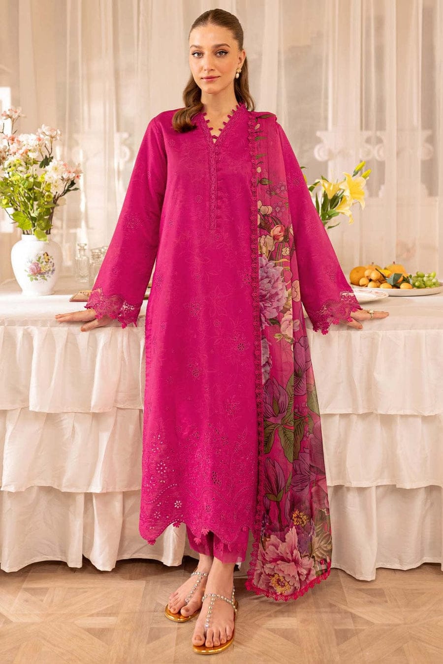 SP-FR2725 Lawn Unstitched Embroidered 3pc Suit With Digital Printed Cotton Lawn Dupatta - Shaa Posh