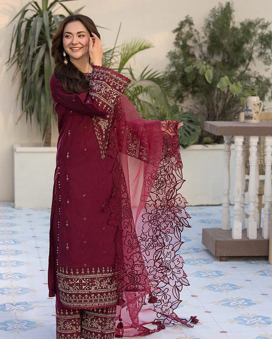 SP-2685 Lawn Unstitched Embroidered 3pc Suit With Organza Embroidered Cutwork Dupatta - Shaa Posh