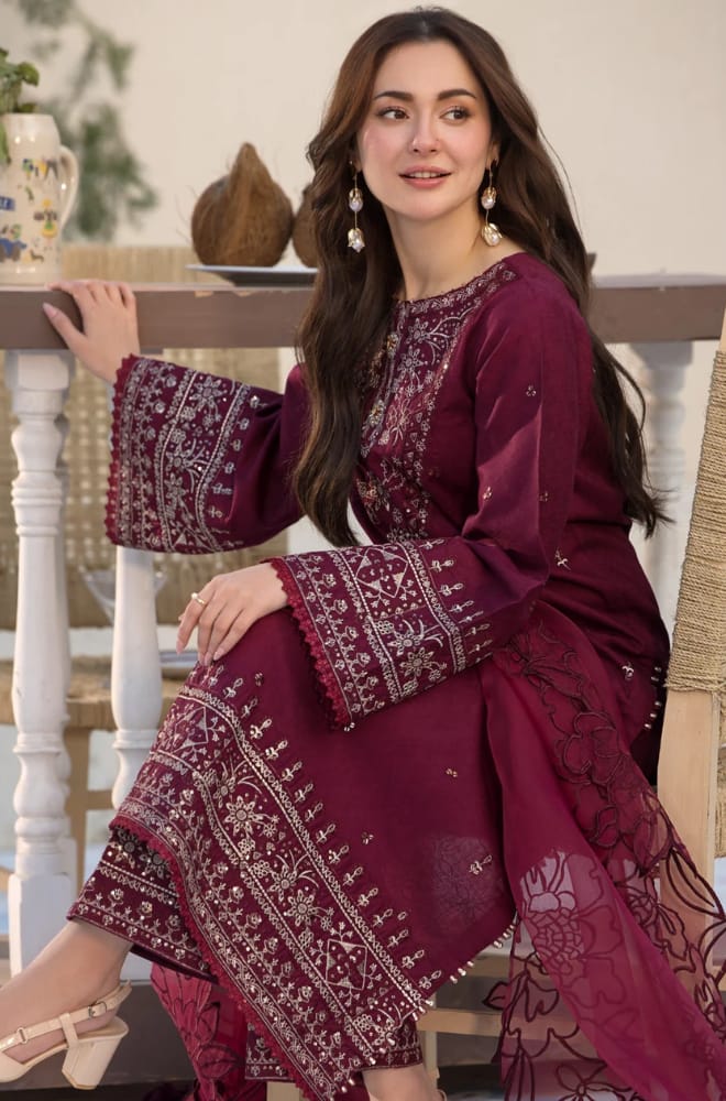 SP-2685 Lawn Unstitched Embroidered 3pc Suit With Organza Embroidered Cutwork Dupatta - Shaa Posh