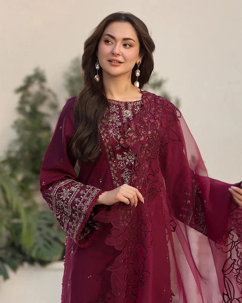 SP-2685 Lawn Unstitched Embroidered 3pc Suit With Organza Embroidered Cutwork Dupatta - Shaa Posh