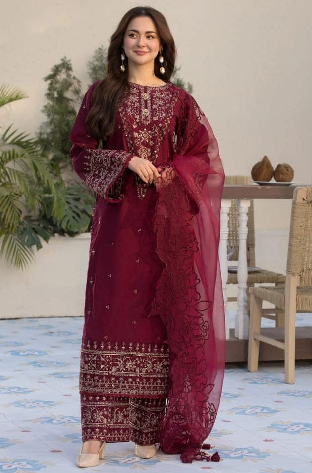 SP-2685 Lawn Unstitched Embroidered 3pc Suit With Organza Embroidered Cutwork Dupatta - Shaa Posh