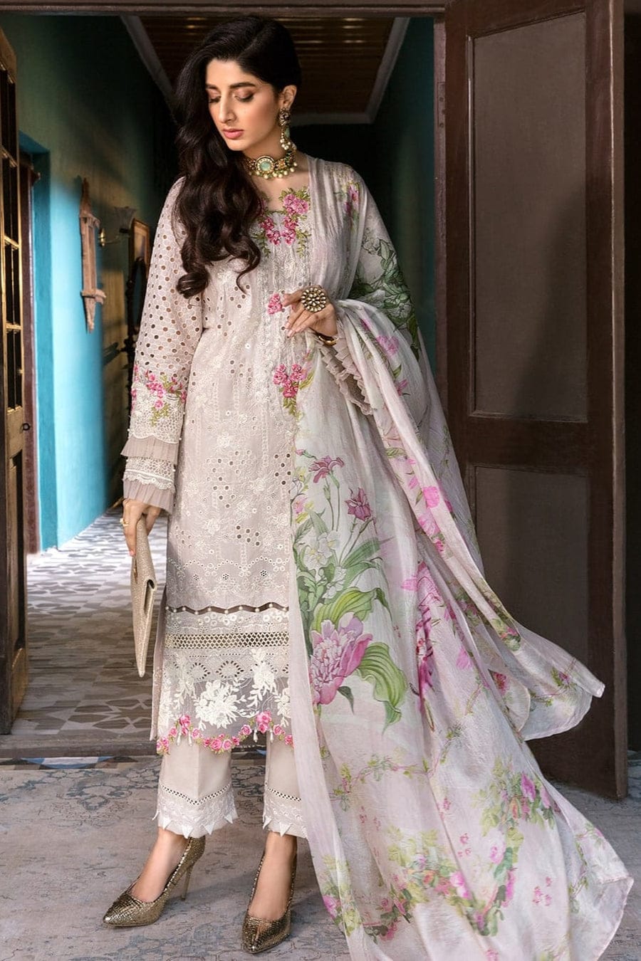 SP-EL12 Lawn Unstitched 3pc Fully Embroidered Suit With Silk Printed Dupatta - Shaa Posh